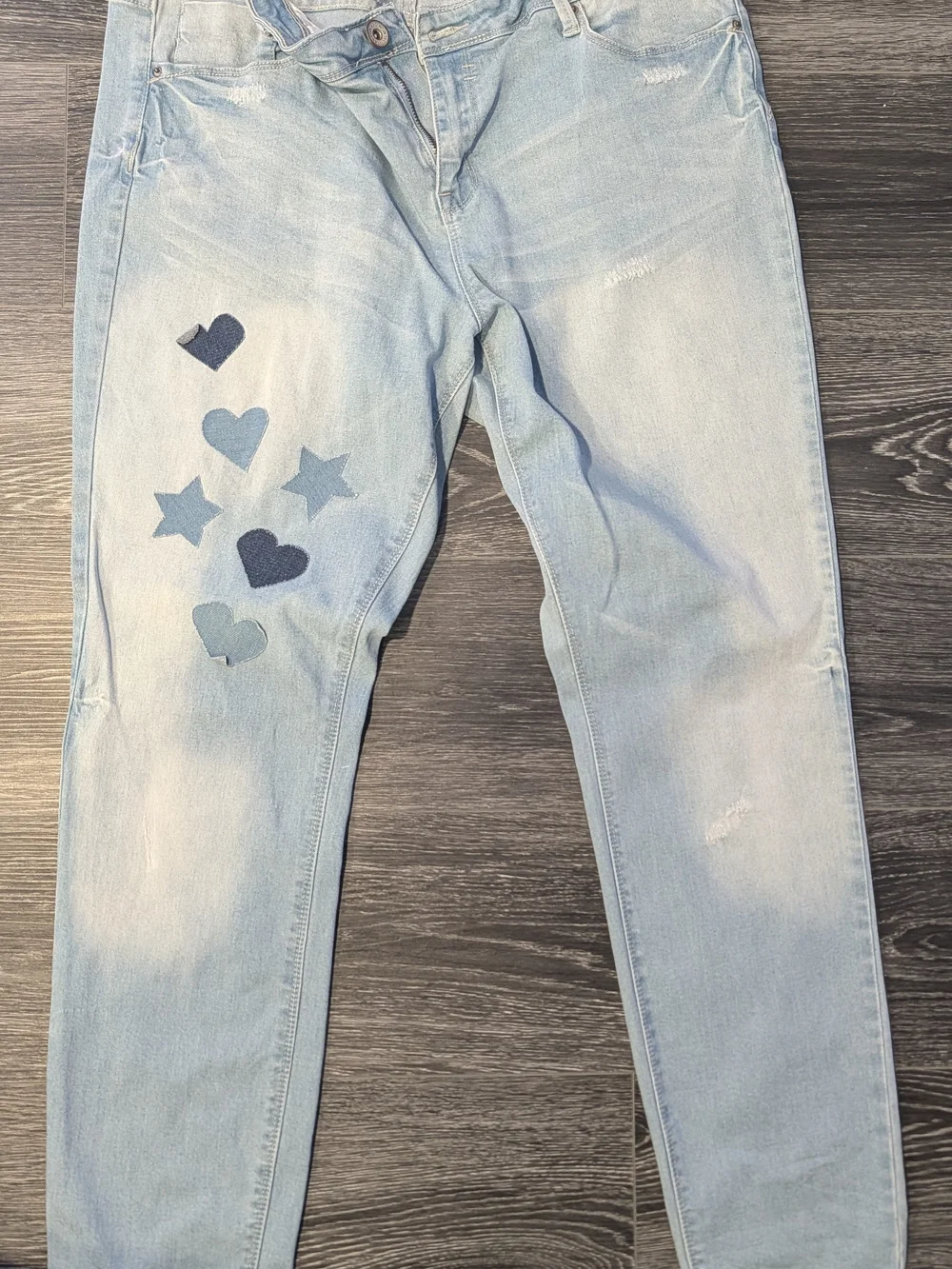 Blue Light-Wash Jeans with Heart & Star Patches